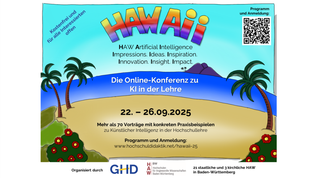 Das Bild stellt eine Insel im Comic-Stil dar. Vorne ist ein Strand. Dahinter blaues Meer und einem hellblauen Himmerl. Der Schriftzug HAWAII ist in Regenbogenfarben ausgesgeführt. Links und rechts ragen Palmen und Blumen in das Bild, am Meereshorizont in eine Insel zu sehen. Die Informationen in den Texten im Bild sind die gleichen, wie im Artikeltext.