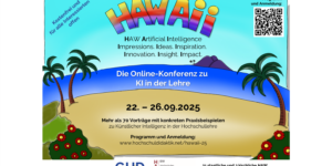 Das Bild stellt eine Insel im Comic-Stil dar. Vorne ist ein Strand. Dahinter blaues Meer und einem hellblauen Himmerl. Der Schriftzug HAWAII ist in Regenbogenfarben ausgesgeführt. Links und rechts ragen Palmen und Blumen in das Bild, am Meereshorizont in eine Insel zu sehen. Die Informationen in den Texten im Bild sind die gleichen, wie im Artikeltext.