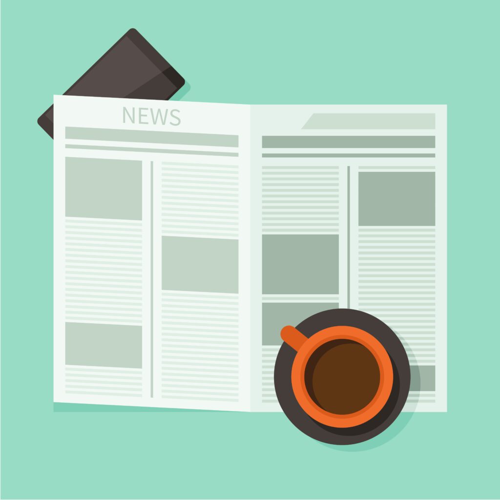 Eine Illustration, in der in abstrakter Weise eine aufgeschlagene Zeitung mit einer Kaffeetasse in Draufsicht dargestellt ist.