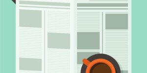 Eine Illustration, in der in abstrakter Weise eine aufgeschlagene Zeitung mit einer Kaffeetasse in Draufsicht dargestellt ist.